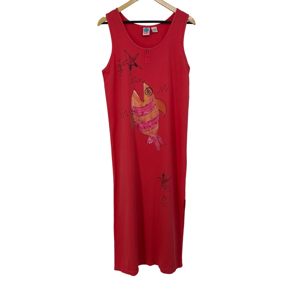 WEK Womens Vintage Coral Cotton Fish Starfish Graphic Maxi Dress Resort Beach